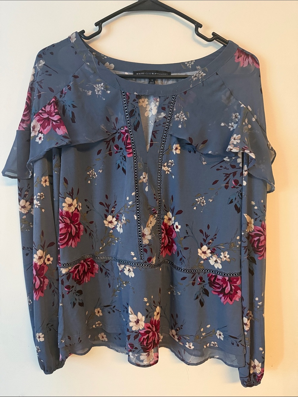 White House Black Market Blue Floral Ruffle crochet-Front Blouse